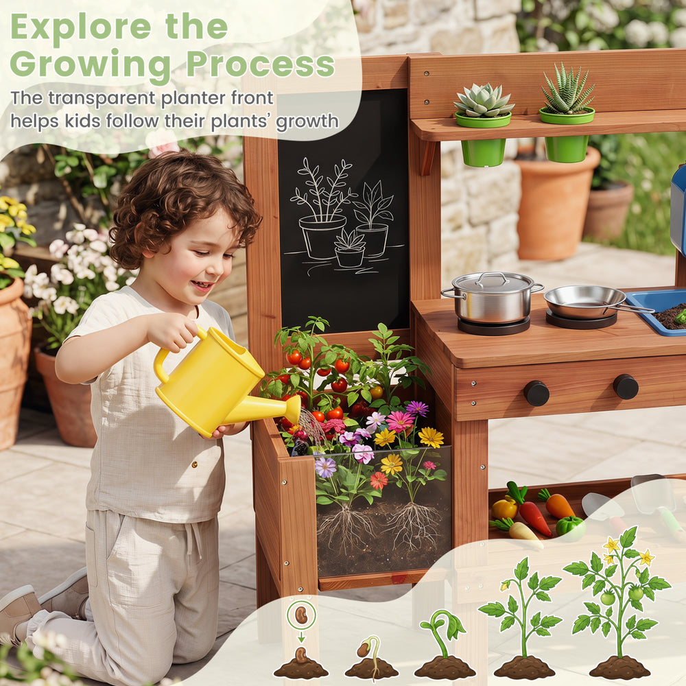 Kids mud kitchen with planter box, sink, and 13 accessories for outdoor play and gardening fun.