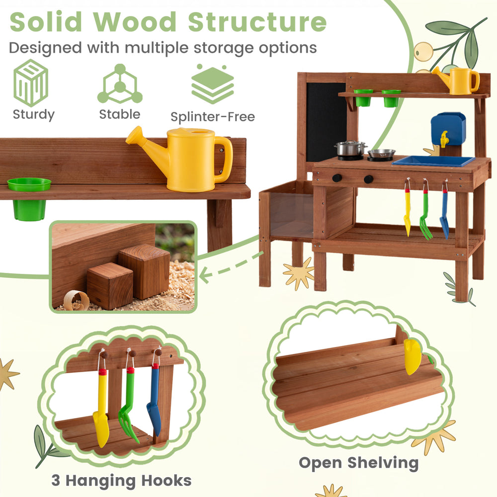 Kids mud kitchen featuring a solid wood structure, sink, planter box, and 13 accessories for creative outdoor play.