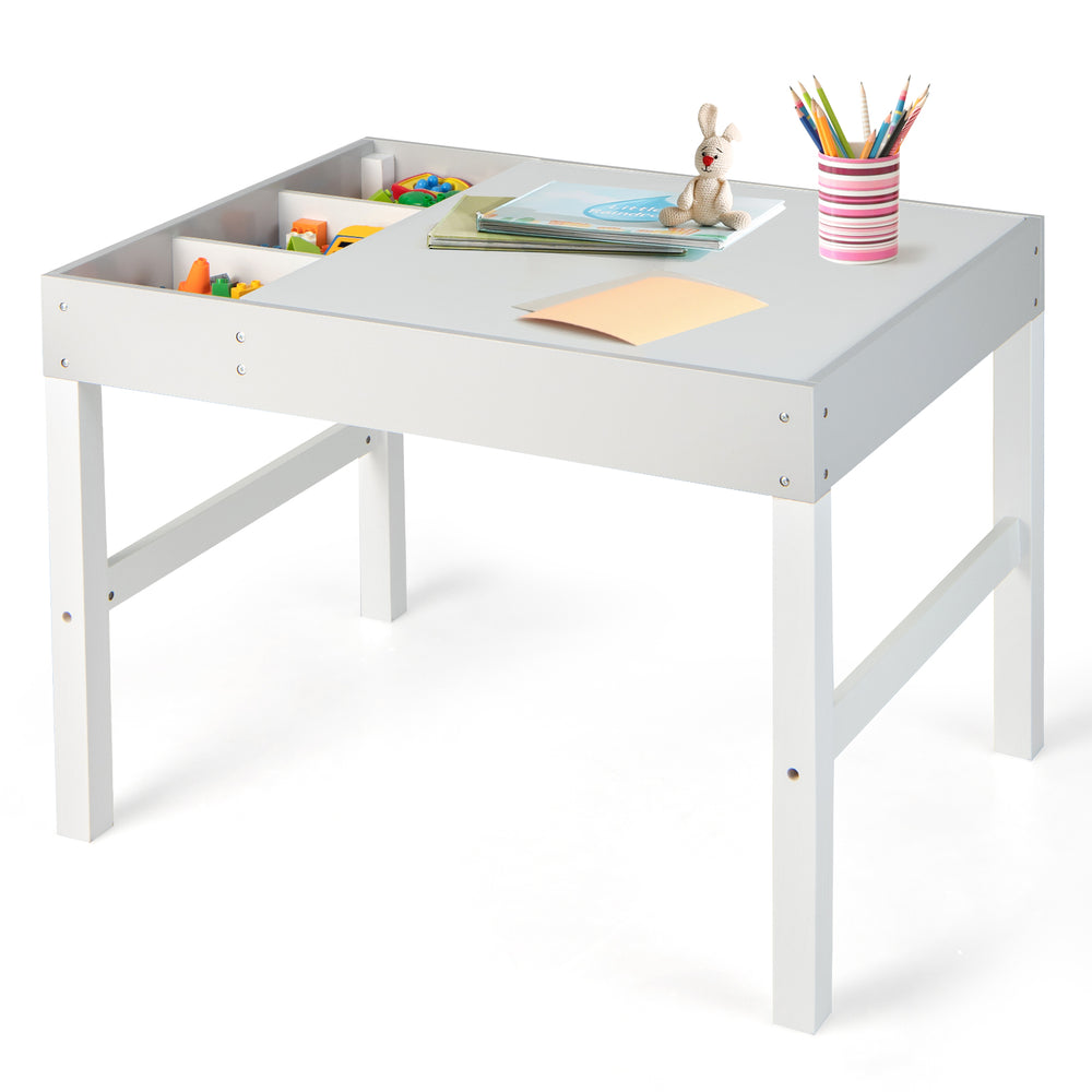 3 in 1 wooden kids table with storage, white finish, featuring a reversible tabletop, ideal for playroom activities.