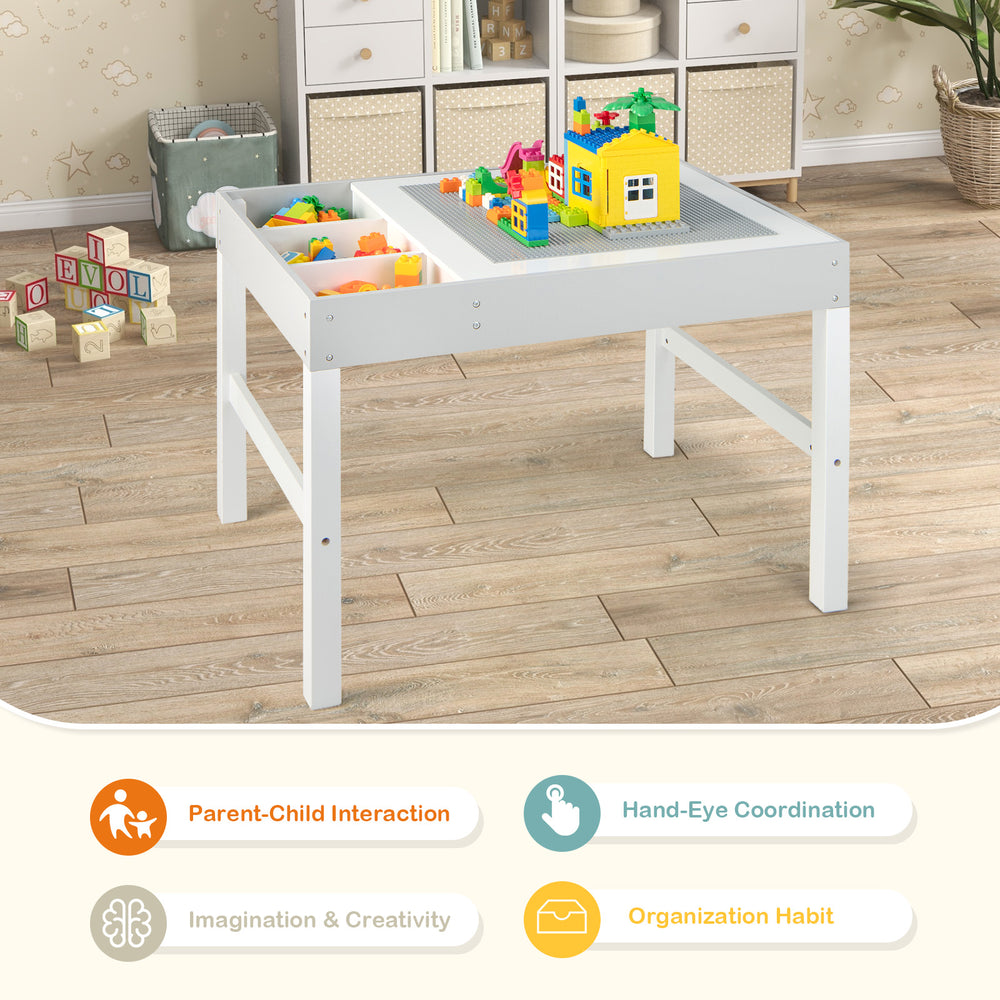 3 in 1 wooden kids table with storage, double-sided tabletop, ideal for playroom organization and creativity activities.