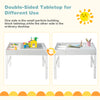 Double-sided kids table showcasing a building block surface on one side and a standard desktop on the other for.