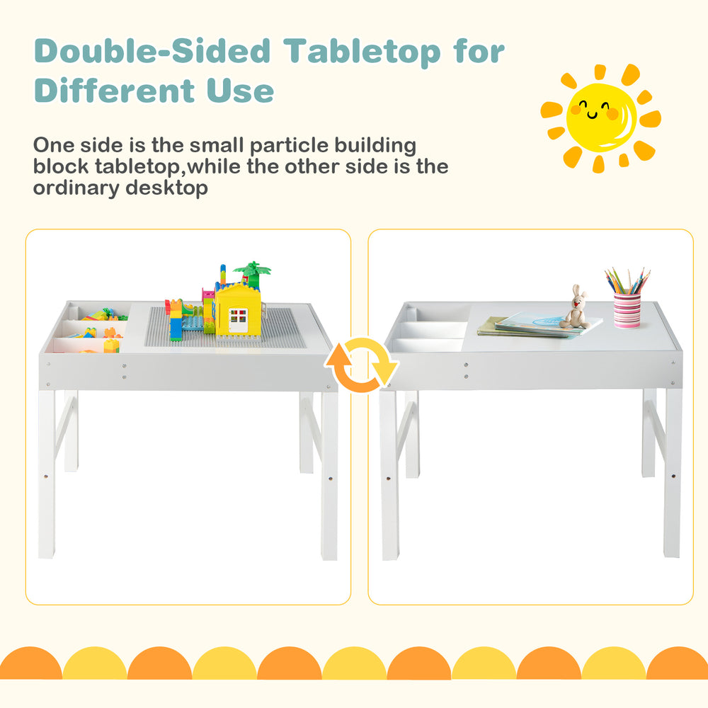 Double-sided kids table showcasing a building block surface on one side and a standard desktop on the other for.