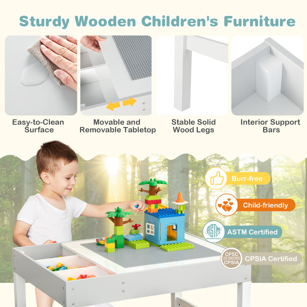 3 in 1 wooden kids table with storage, reversible tabletop, solid wood legs, ideal for playroom and learning activities.