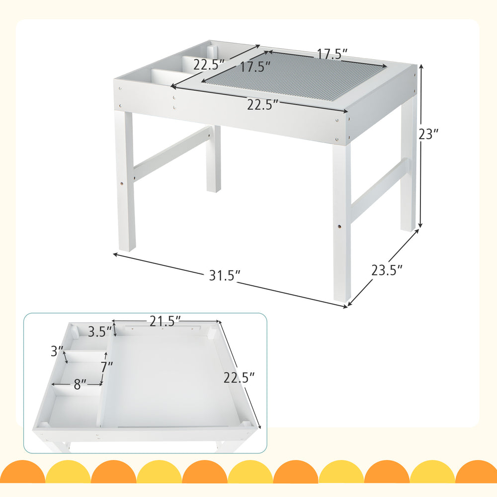 3 in 1 wooden kids table with storage, double-sided tabletop, and solid wood legs, ideal for playroom activities.