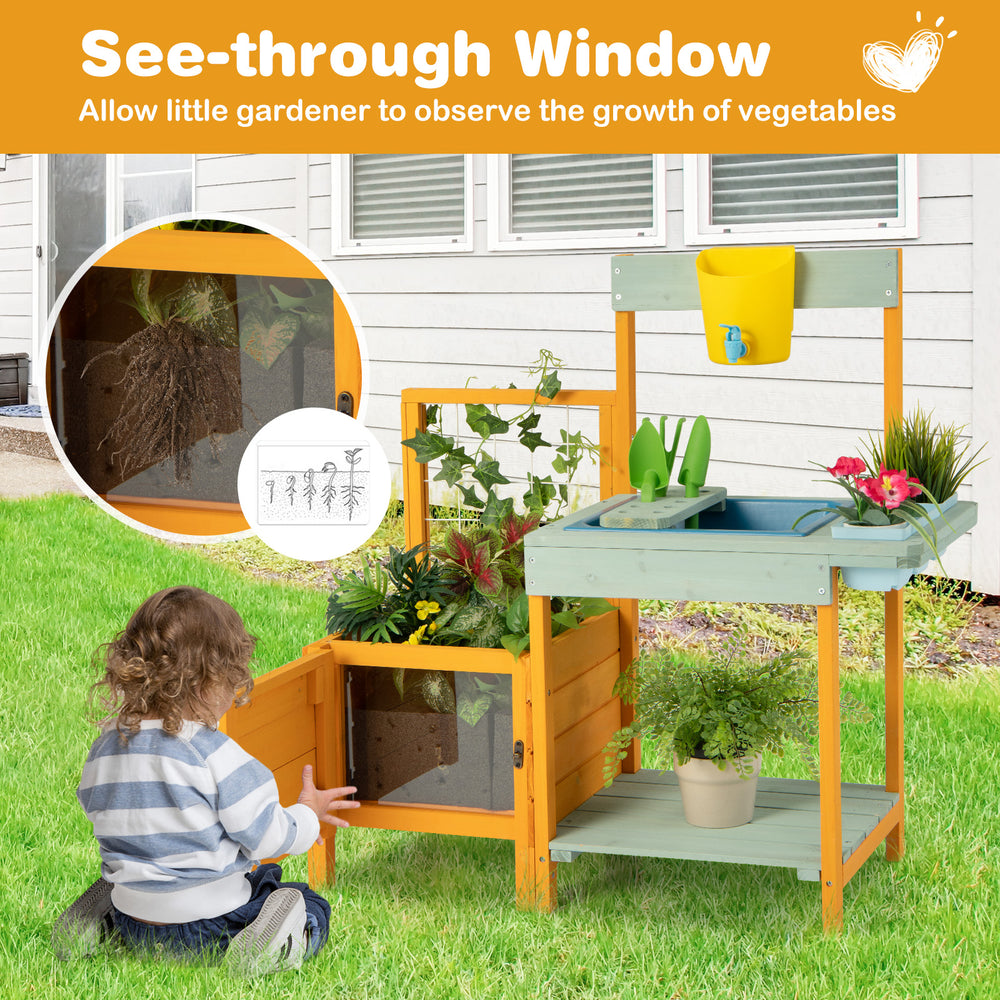Kids outdoor potting bench with see-through window, planter box, and accessories for gardening fun and learning.