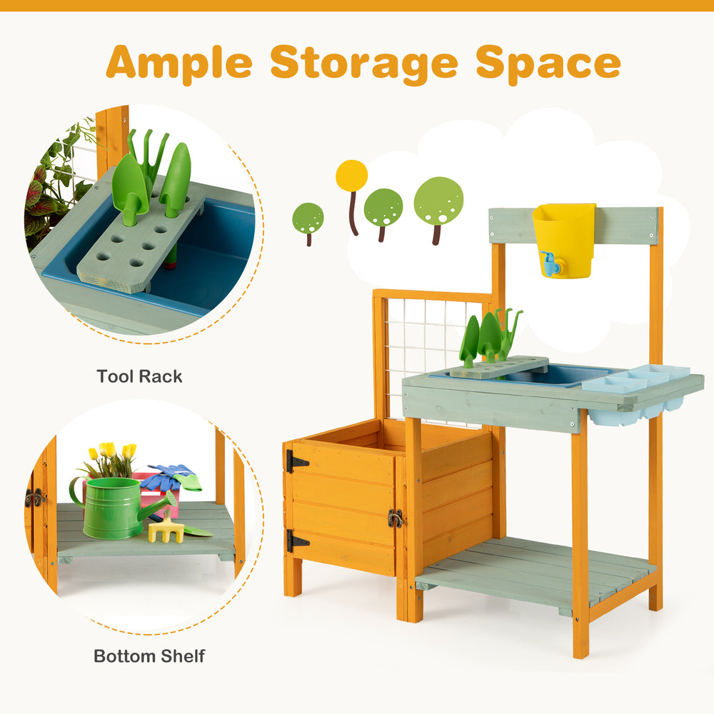Kids outdoor potting bench with see-through window, tool rack, and ample storage for gardening accessories and plants.