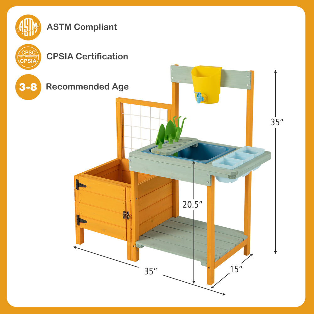 Kids outdoor potting bench with see-through window, built-in sink, and storage for gardening tools and plants.