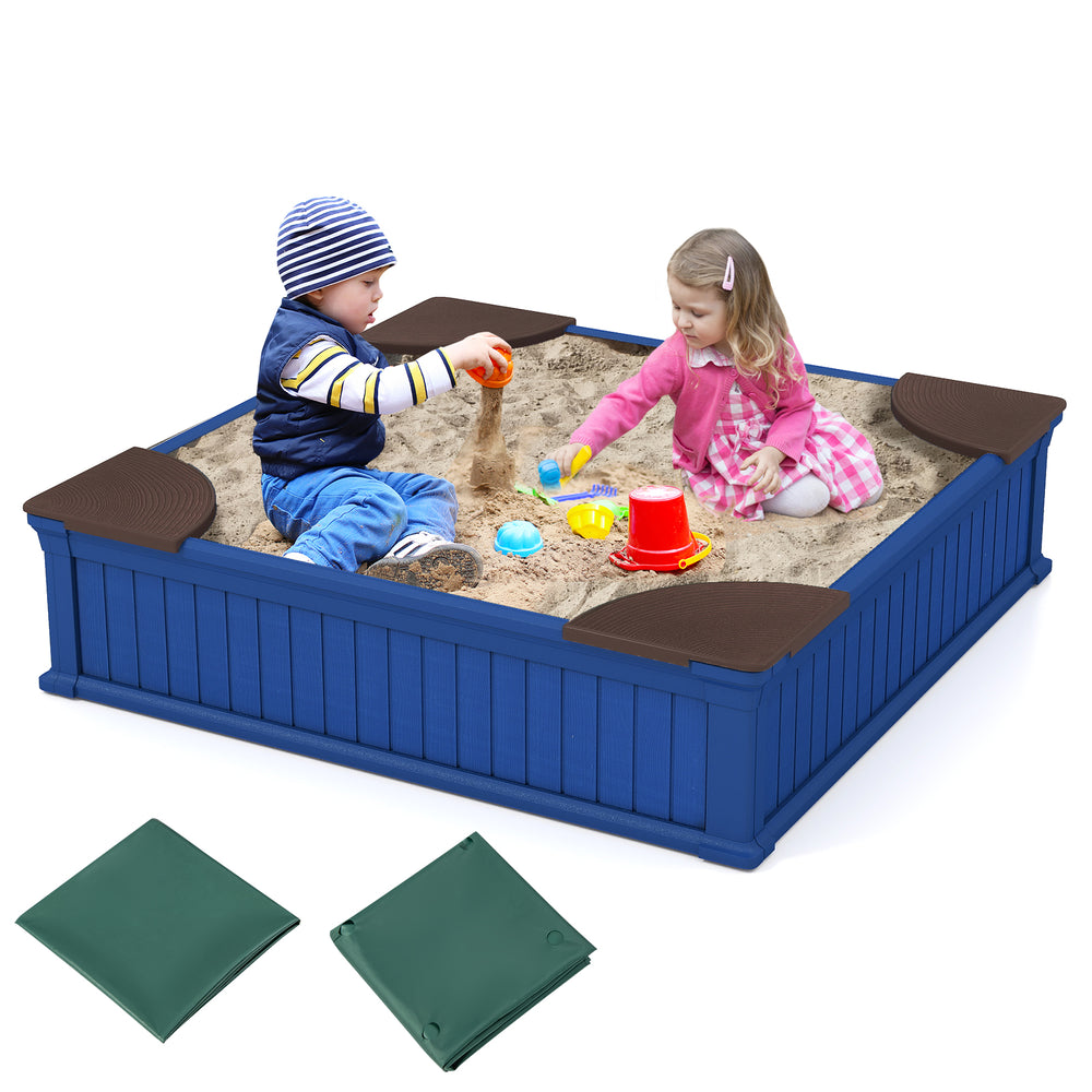 Kids outdoor sandbox in navy with 4 corner seats, durable HDPE material, and waterproof Oxford cover for safe play.