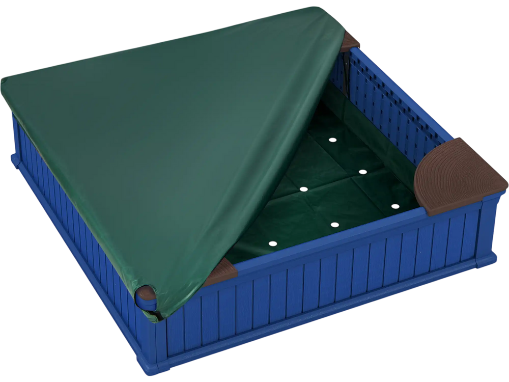 Kids outdoor sandbox in navy with oxford cover, featuring 4 corner seats for comfortable play and protection from.