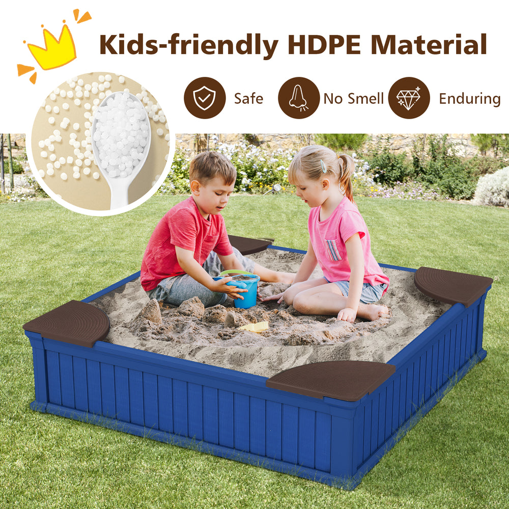Kids outdoor sandbox in navy with HDPE material, featuring 4 corner seats and an oxford cover for safe play.