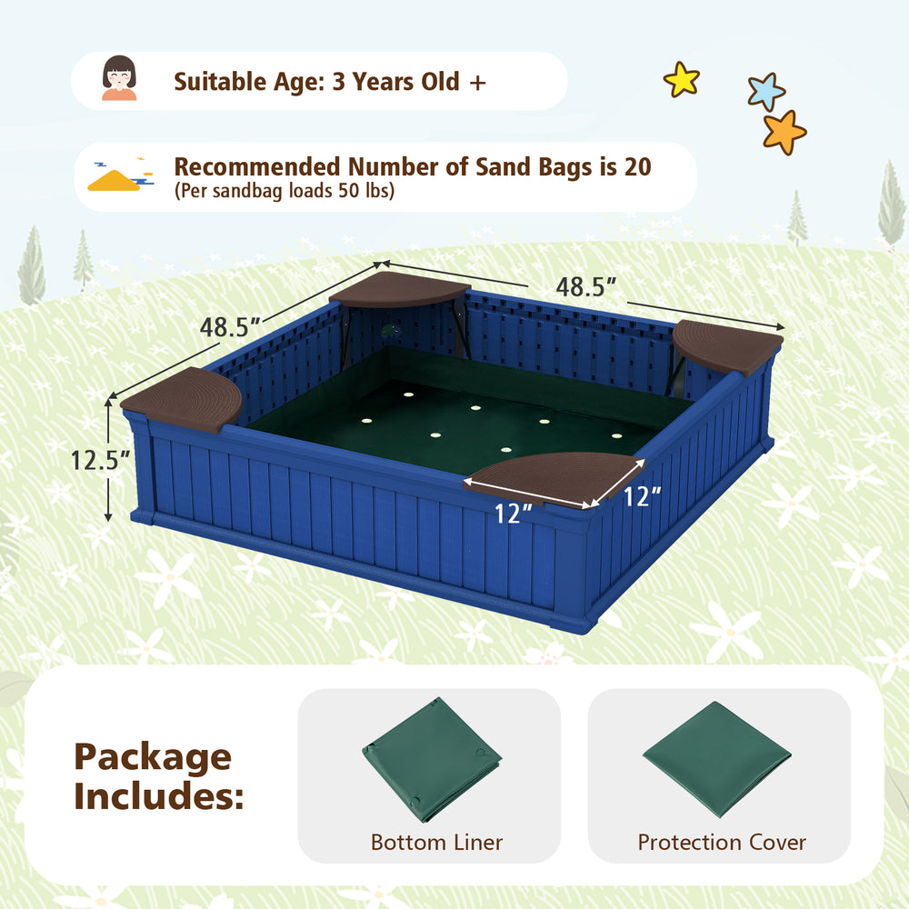 Kids outdoor sandbox in navy with waterproof cover, corner seats, and drainage liner for safe play and fun.