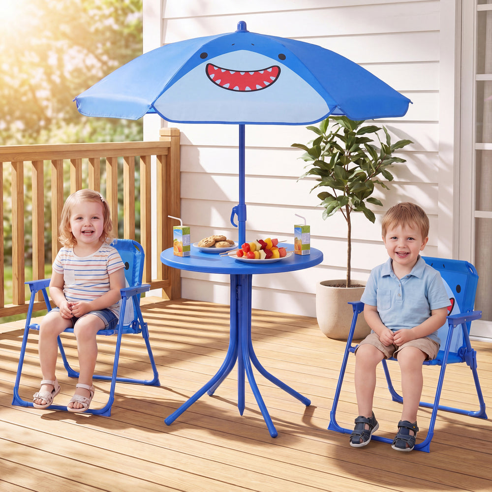 Kids Outdoor Table and Chair Set with 2 Folding Chairs and Height Adjustable Umbrella-Blue - Gallery View 1 of 10