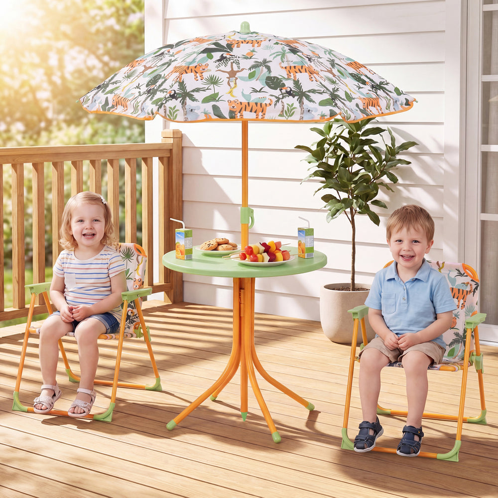 Kids Outdoor Table and Chair Set with 2 Folding Chairs and Height Adjustable Umbrella-Yellow - Gallery View 1 of 10
