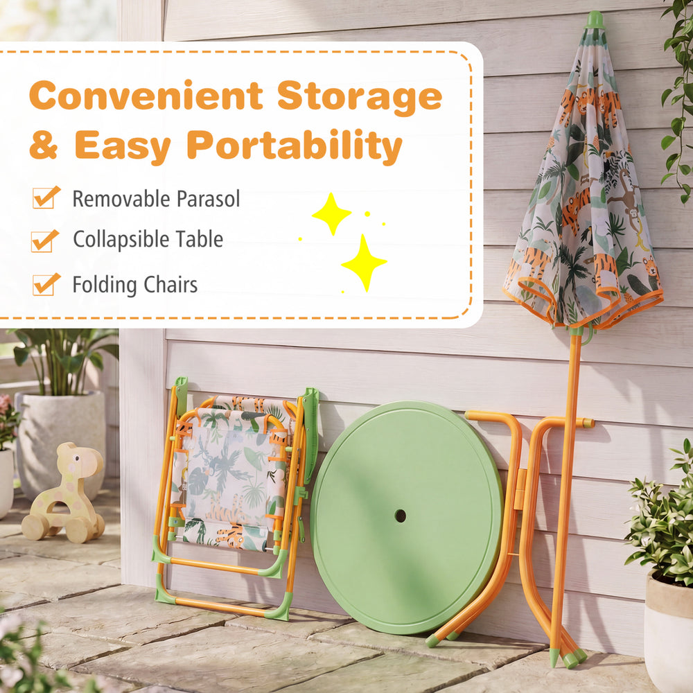 Kids Outdoor Table and Chair Set with 2 Folding Chairs and Height Adjustable Umbrella - Gallery View 9 of 10
