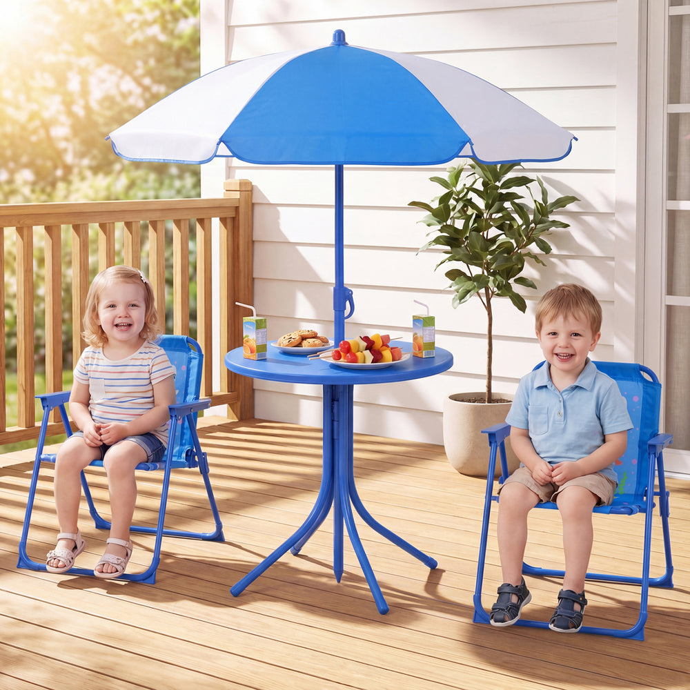 Kids Outdoor Table and Chair Set with 2 Folding Chairs and Height Adjustable Umbrella-Navy - Gallery View 1 of 10