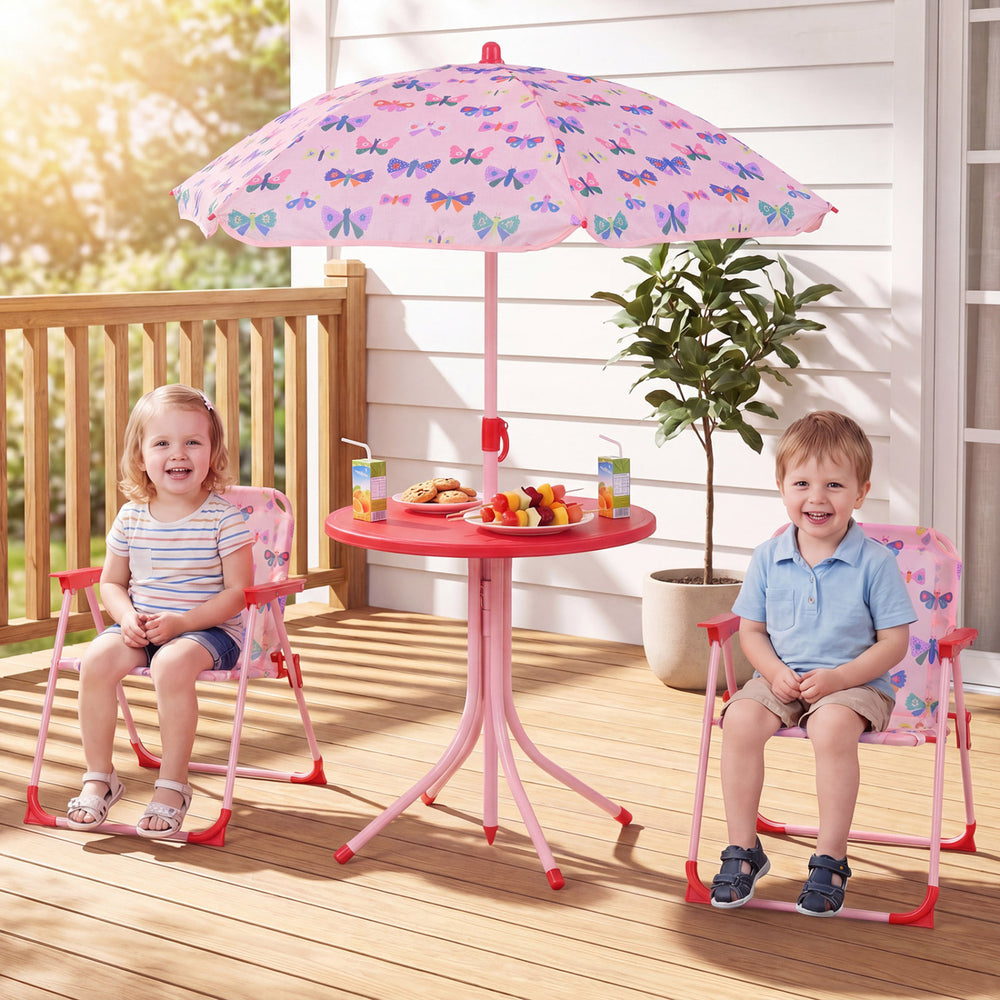 Kids Outdoor Table and Chair Set with 2 Folding Chairs and Height Adjustable Umbrella-Pink and White - Gallery View 1 of 10
