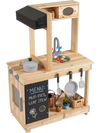 Kids outdoor wooden mud kitchen featuring a stove, sink, and chalkboard for creative play and storage convenience.