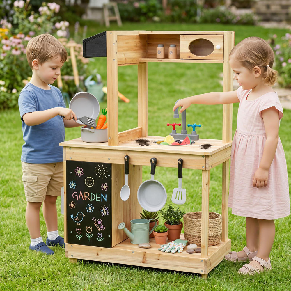 Kids outdoor wooden mud kitchen featuring stoves, a chalkboard, and storage for imaginative play with water, mud, and sand.