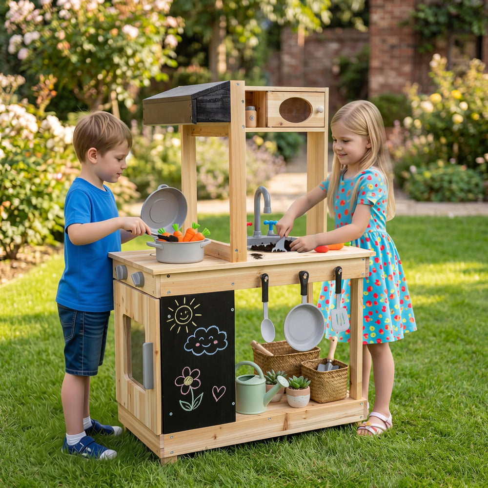 Kids outdoor wooden mud kitchen featuring stoves, a chalkboard, and storage for creative play with water, mud, and sand.