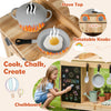 Kids outdoor wooden mud kitchen featuring stove top, rotatable knobs, and a chalkboard for creative playtime fun.