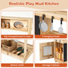 Kids outdoor wooden mud kitchen featuring a stove, chalkboard, and storage compartments for imaginative play.