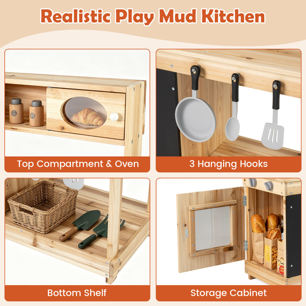 Kids outdoor wooden mud kitchen featuring a stove, chalkboard, and storage compartments for imaginative play.
