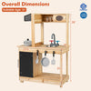 Kids outdoor wooden mud kitchen featuring a sink, stove, and chalkboard for creative play and storage convenience.