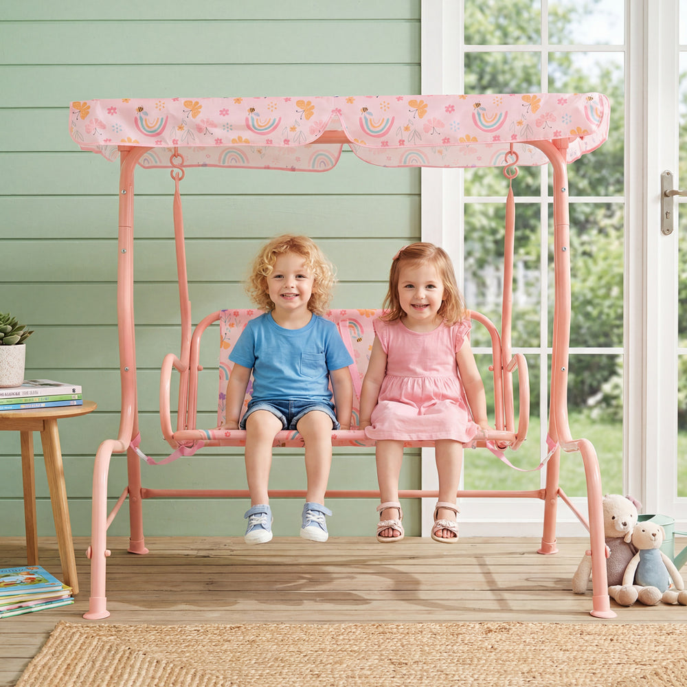 Kids Patio Swing 2-Seater Outdoor Porch Swing Lounge Chair with Adjustable Canopy-Pink - Gallery View 1 of 9