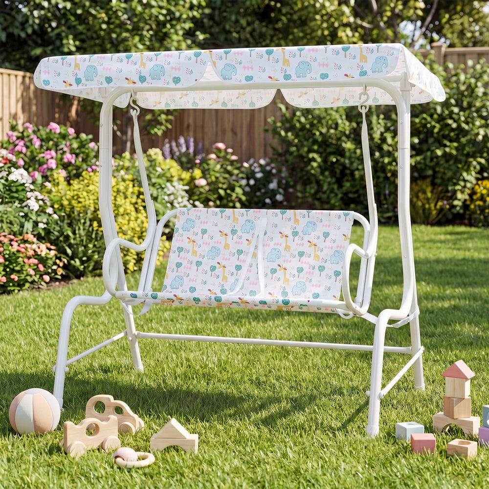 Kids patio swing 2-seater with adjustable canopy, featuring playful patterns, perfect for outdoor fun in the backyard.