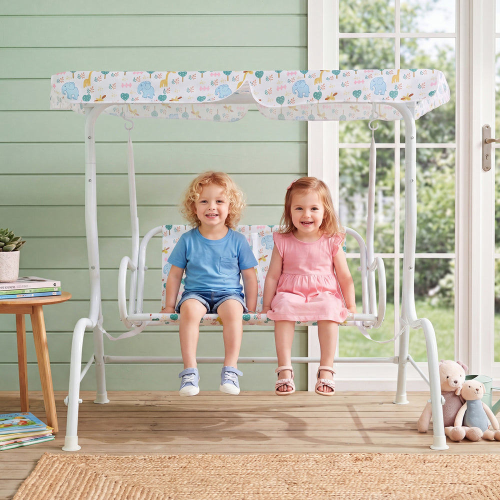 Kids patio swing with adjustable canopy, featuring a sturdy metal frame and fun patterns, perfect for outdoor play.
