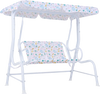 Kids patio swing with adjustable canopy, 2-seater design, white metal frame, perfect for outdoor fun and safety.