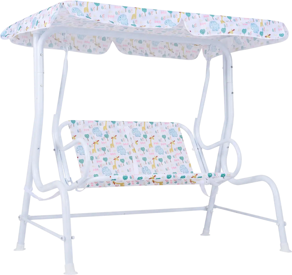Kids patio swing with adjustable canopy, 2-seater design, white metal frame, perfect for outdoor fun and safety.