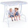 Kids patio swing with adjustable canopy, featuring a sturdy metal frame and playful patterns, perfect for outdoor fun.