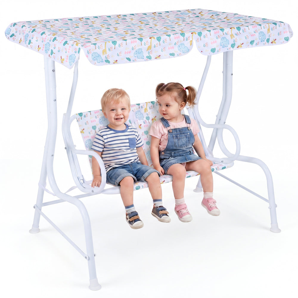 Kids patio swing with adjustable canopy, featuring a sturdy metal frame and playful patterns, perfect for outdoor fun.