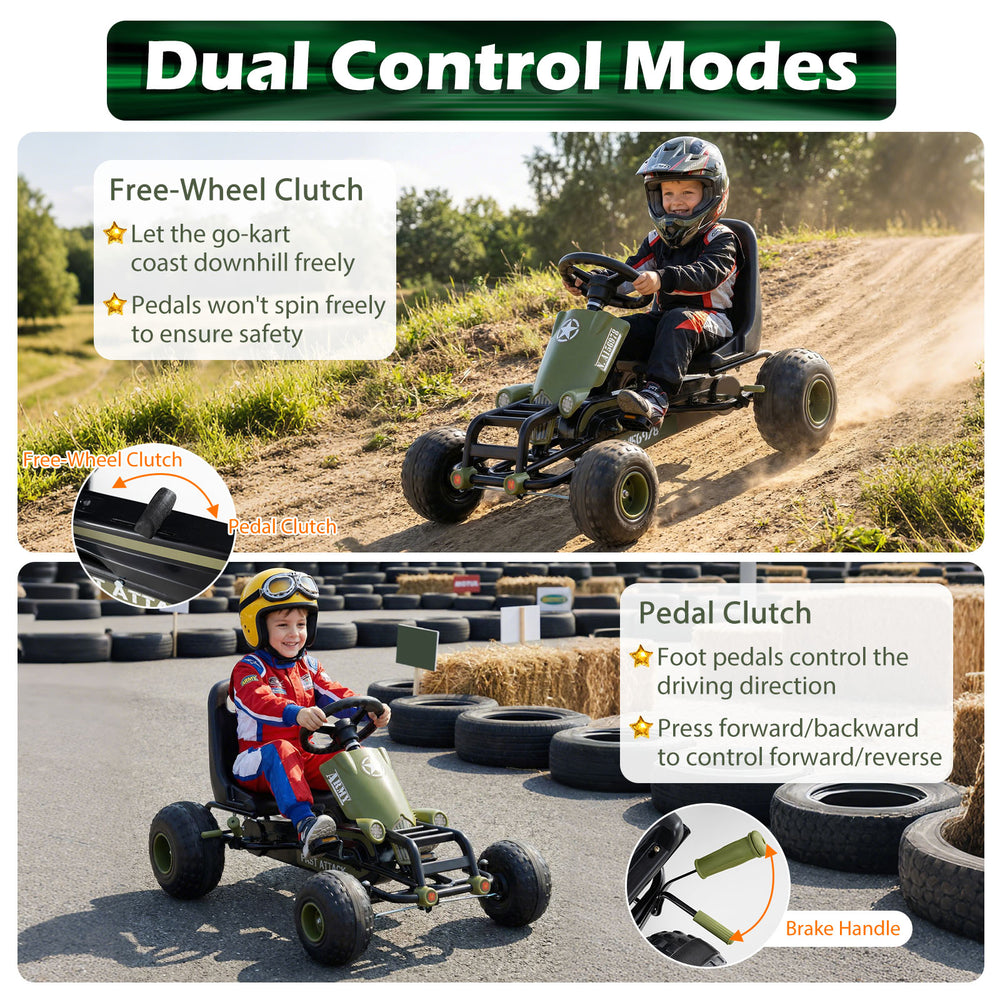 Kids pedal go-kart in green with steering wheel, gear shifter, and handbrake for safe outdoor fun on various surfaces.