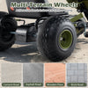 Close-up of multi-terrain wheel on a green kids pedal go kart, designed for various surfaces like gravel and asphalt.
