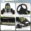 Kids pedal go kart in green with limited steering angle, heavy-duty metal frame, and enclosed chain for safe riding.