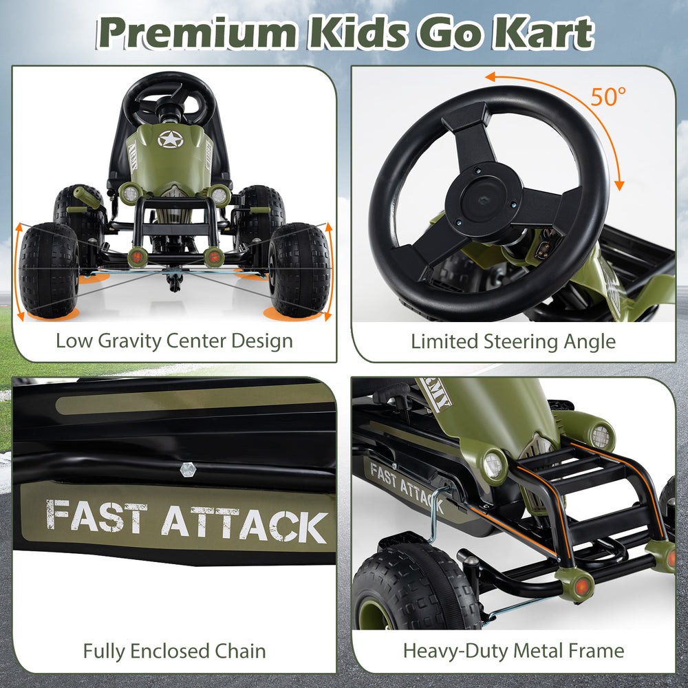 Kids pedal go kart in green with limited steering angle, heavy-duty metal frame, and enclosed chain for safe riding.