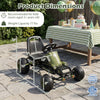 Kids pedal go-kart in green with dimensions, featuring adjustable seat, steering wheel, and handbrake for ages 3+.