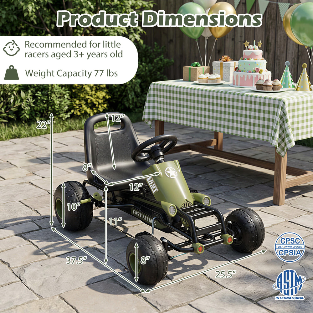 Kids pedal go-kart in green with dimensions, featuring adjustable seat, steering wheel, and handbrake for ages 3+.