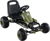 Kids pedal go-kart in green showcasing a side view of the large textured wheels and durable frame for safe outdoor.