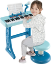 Kids piano keyboard with 37 keys in blue, featuring a microphone and detachable legs for versatile play.