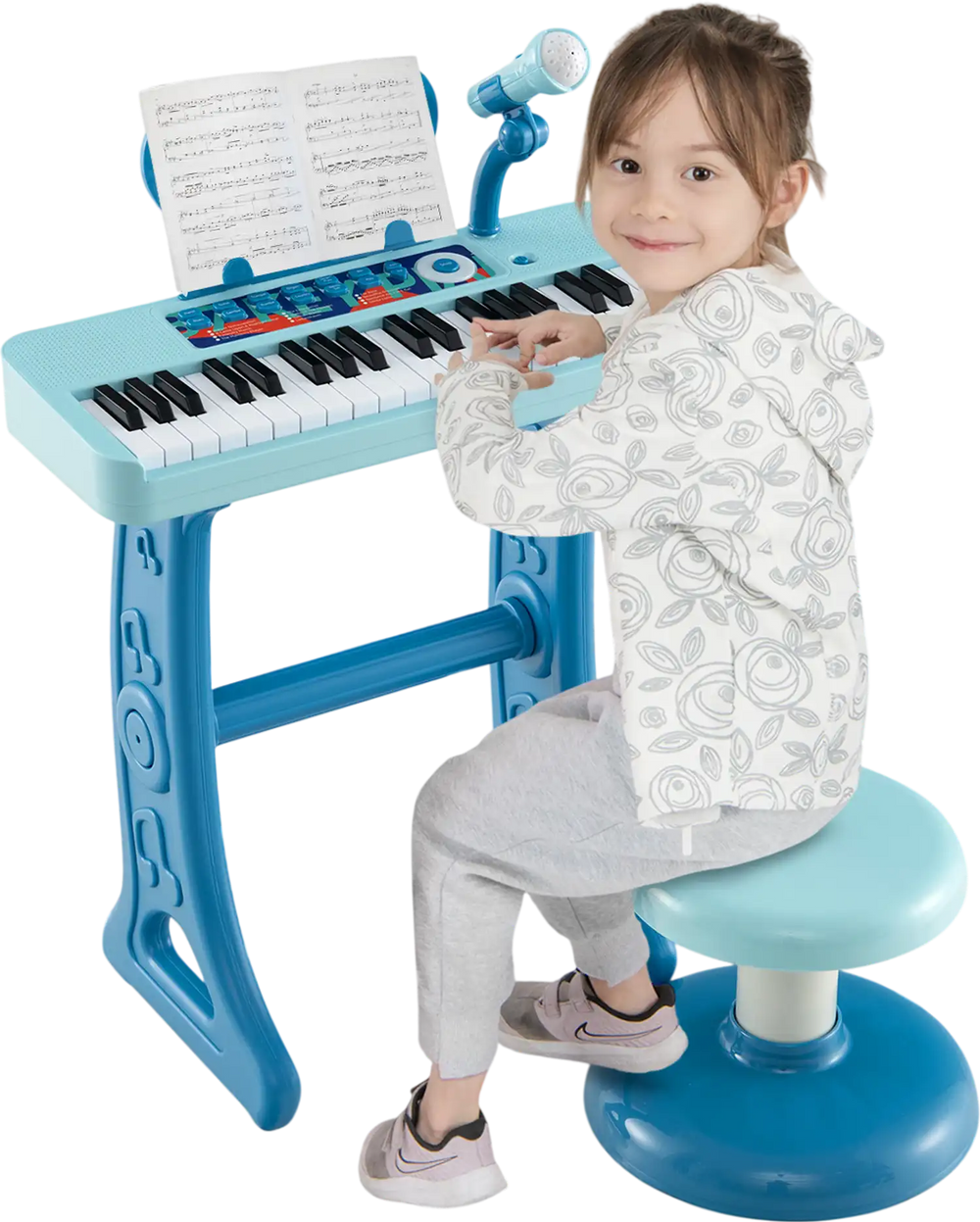 Kids piano keyboard with 37 keys in blue, featuring a microphone and detachable legs for versatile play.