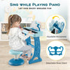 Kids piano keyboard with adjustable microphone and detachable music stand, designed for fun and learning for ages 3+.