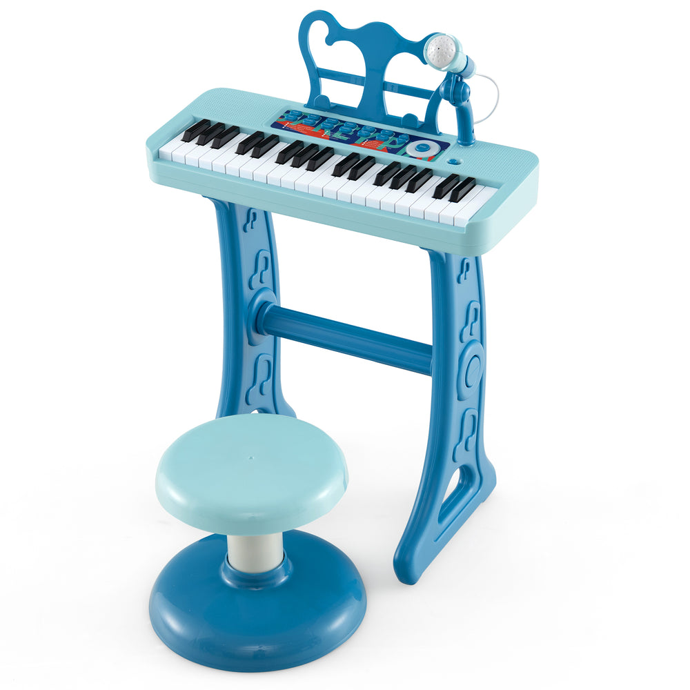 Kids piano keyboard with 37 keys, detachable legs, and adjustable microphone for fun musical playtime in blue.