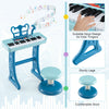 Kids piano keyboard with 37 keys, detachable legs, and adjustable microphone for fun music playtime.