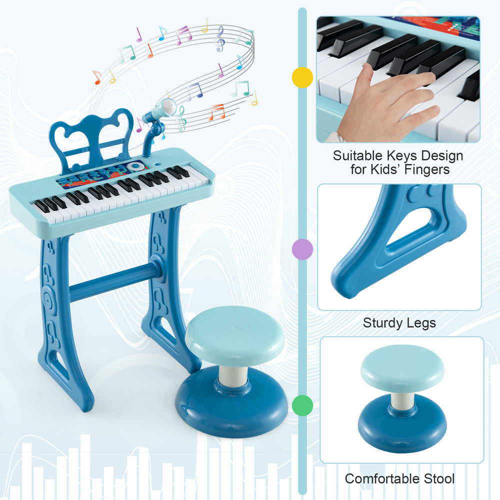 Kids piano keyboard with 37 keys, detachable legs, and adjustable microphone for fun music playtime.