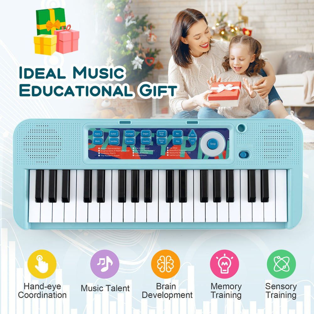 Kids piano keyboard with 37 keys, microphone, and detachable legs, designed for sensory training and brain development.