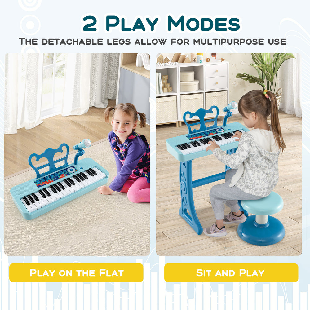 Kids piano keyboard with detachable legs, adjustable microphone, and durable design for versatile play modes.