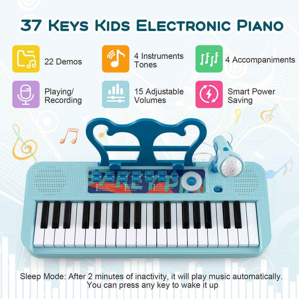 Kids piano keyboard with 37 keys, microphone, and detachable legs for versatile play, designed for ages 3 and up.